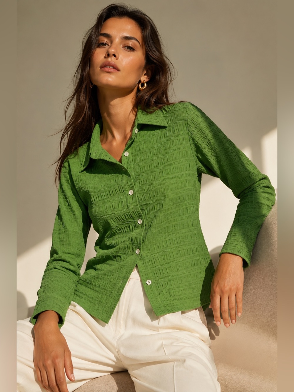 Nikki Chasin Green Textured Button Front Shirt Cotton Blend Collared S